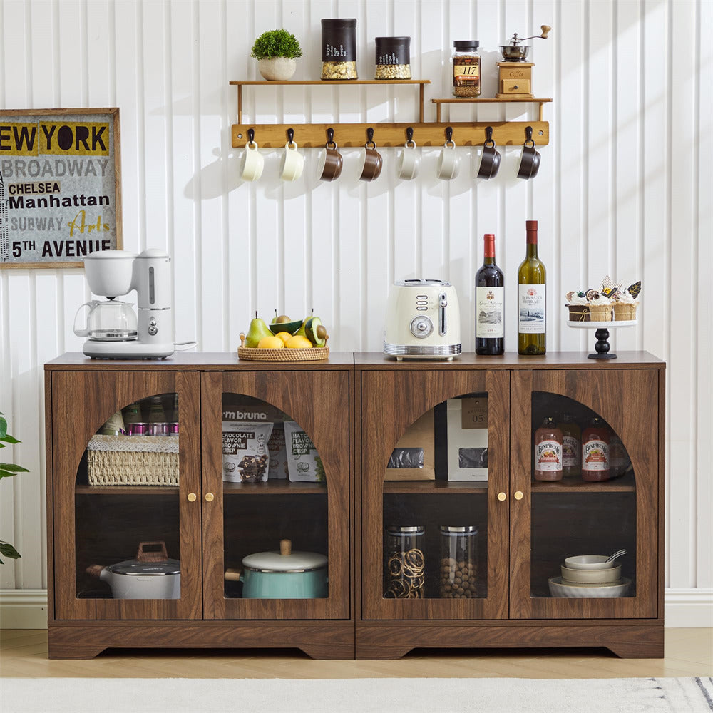 Wooden bar cabinet with various items including bottles, fruits, and kitchenware in a home setting.