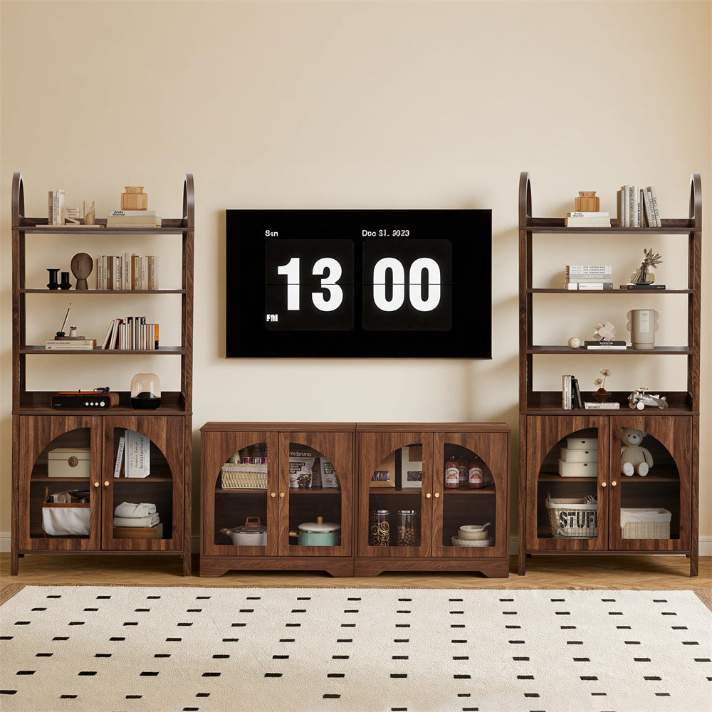 Wooden entertainment center with shelves and a digital clock on the wall.