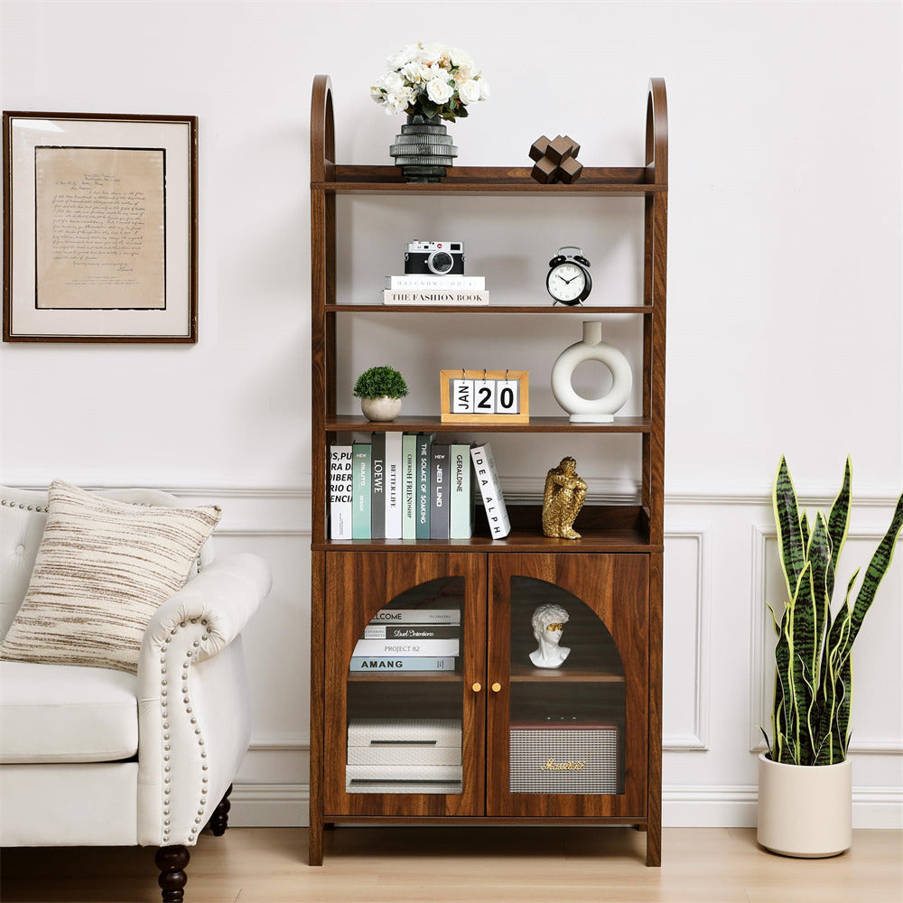 Wooden bookshelf with decorative items in a living room setting