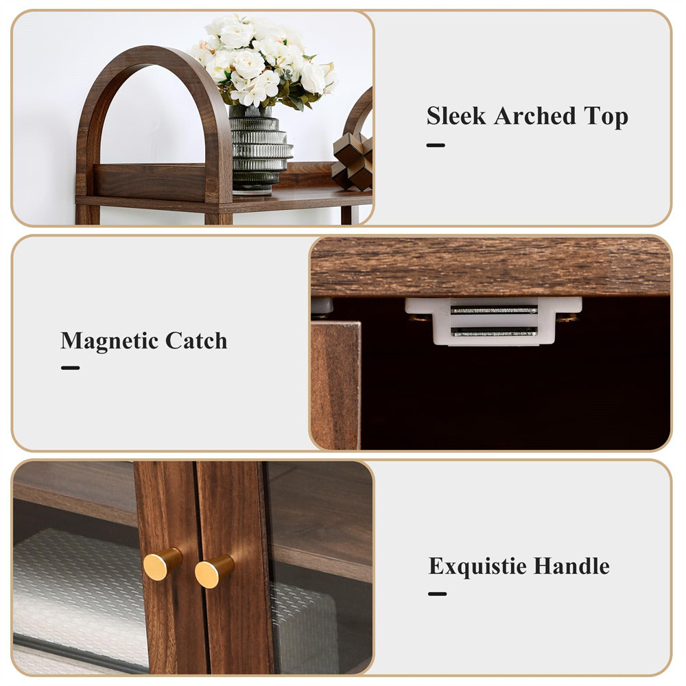 Wooden cabinet with features labeled: sleek arched top, magnetic catch, and exquisite handle.