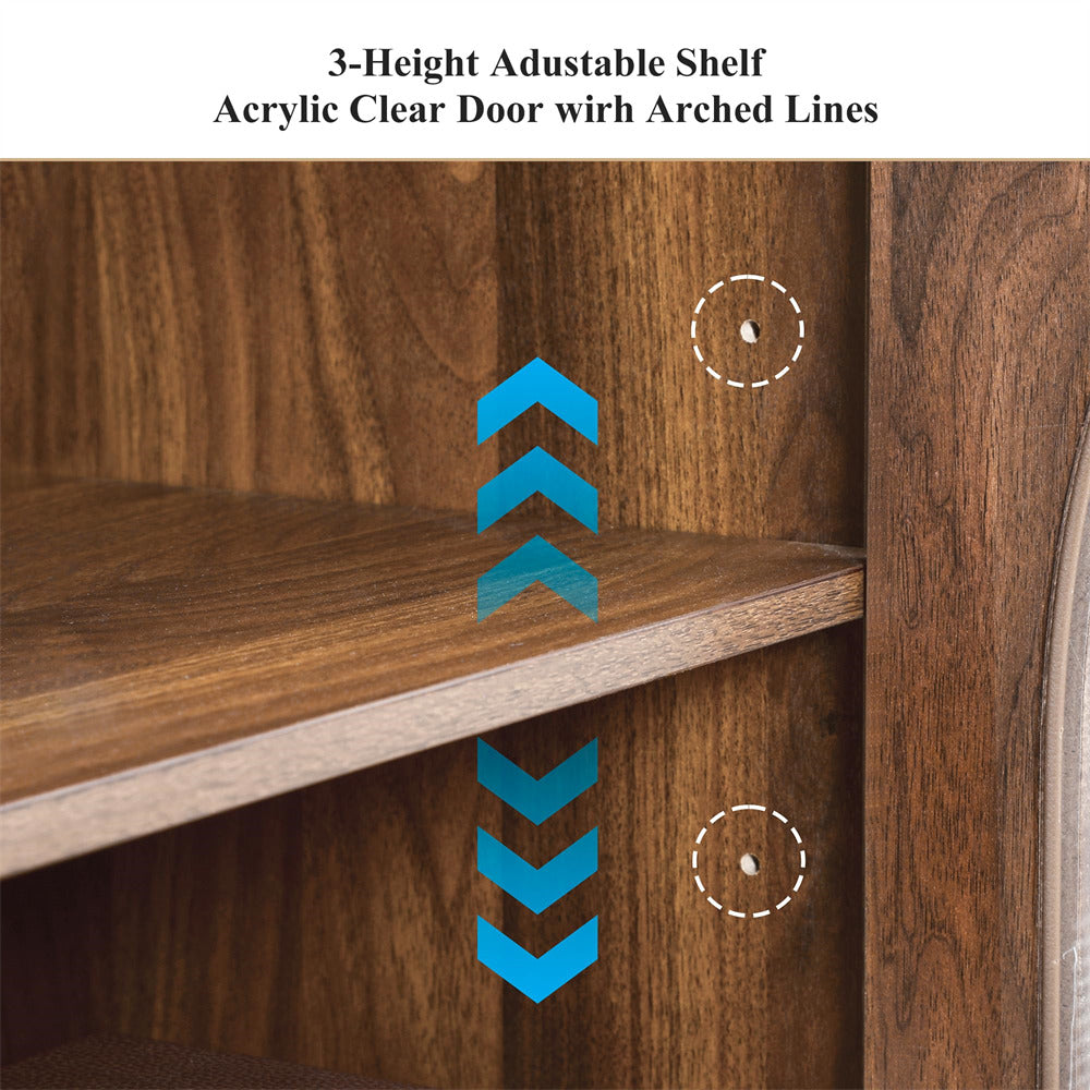 Wooden shelf with 3-height adjustable feature and acrylic clear door with arched lines.