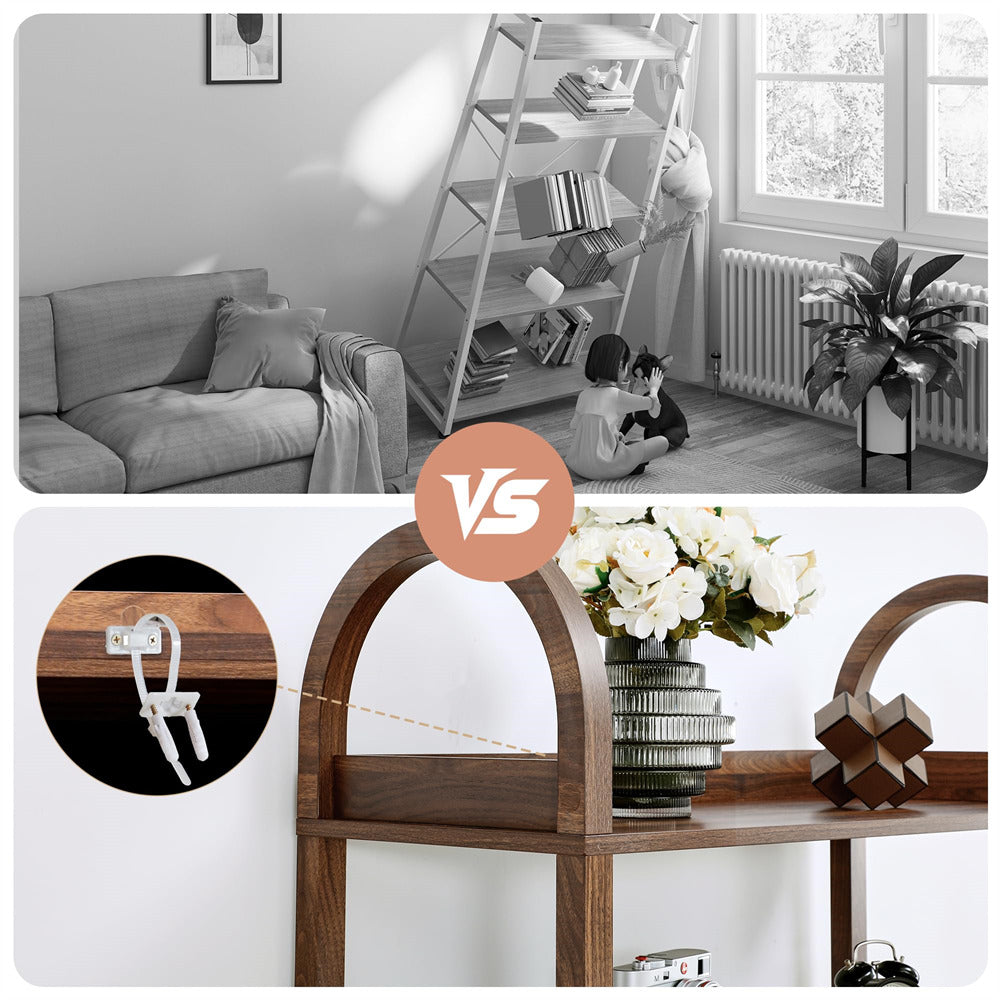 Living room with a sofa and bookshelf, followed by a close-up of a wooden shelf with decorative items.