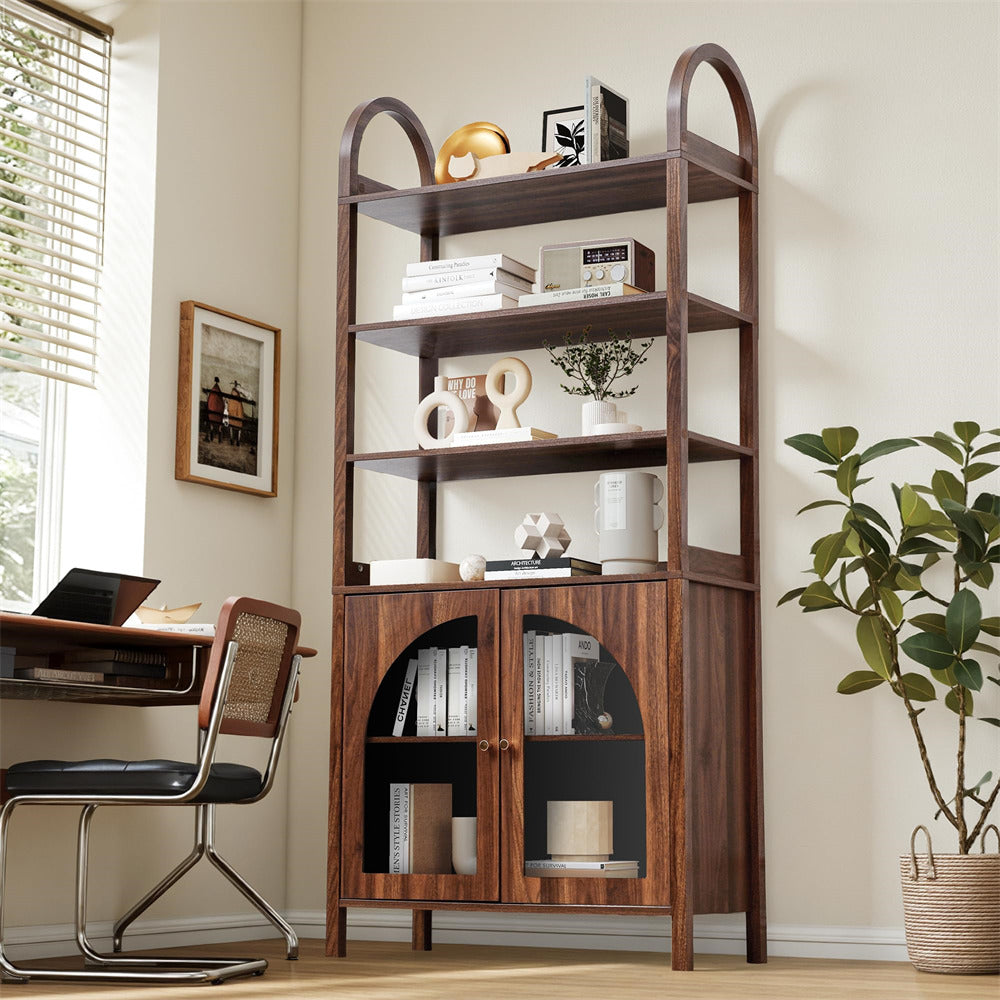 Wooden bookshelf with decorative items in a home office setting