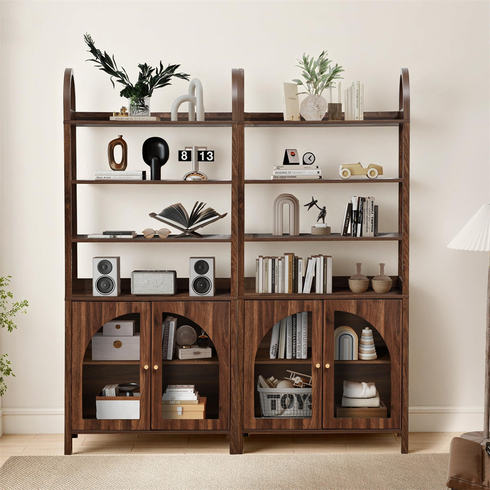 Wooden bookshelf with decorative items in a room setting