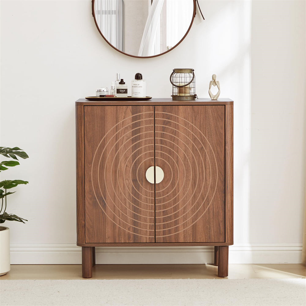 Wooden cabinet with decorative design in a room setting