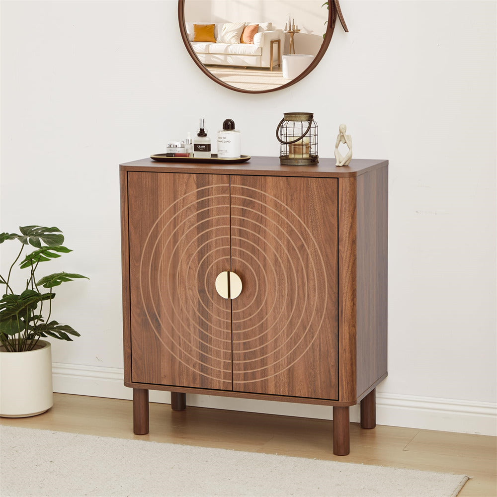 Wooden cabinet with decorative design in a room setting