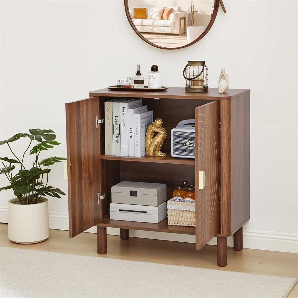 Wooden cabinet with open doors displaying various items in a room setting.