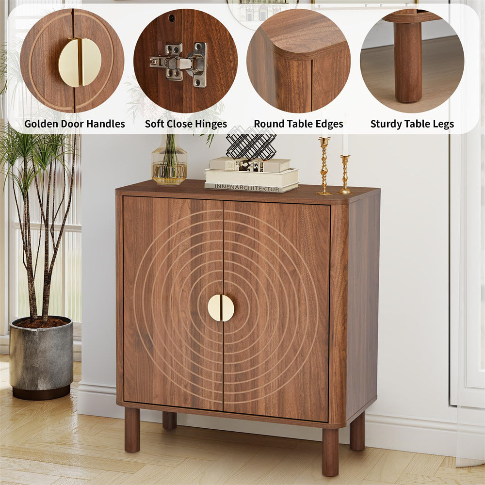 Wooden cabinet with decorative elements and close-up shots of features like door handles, hinges, table edges, and legs.