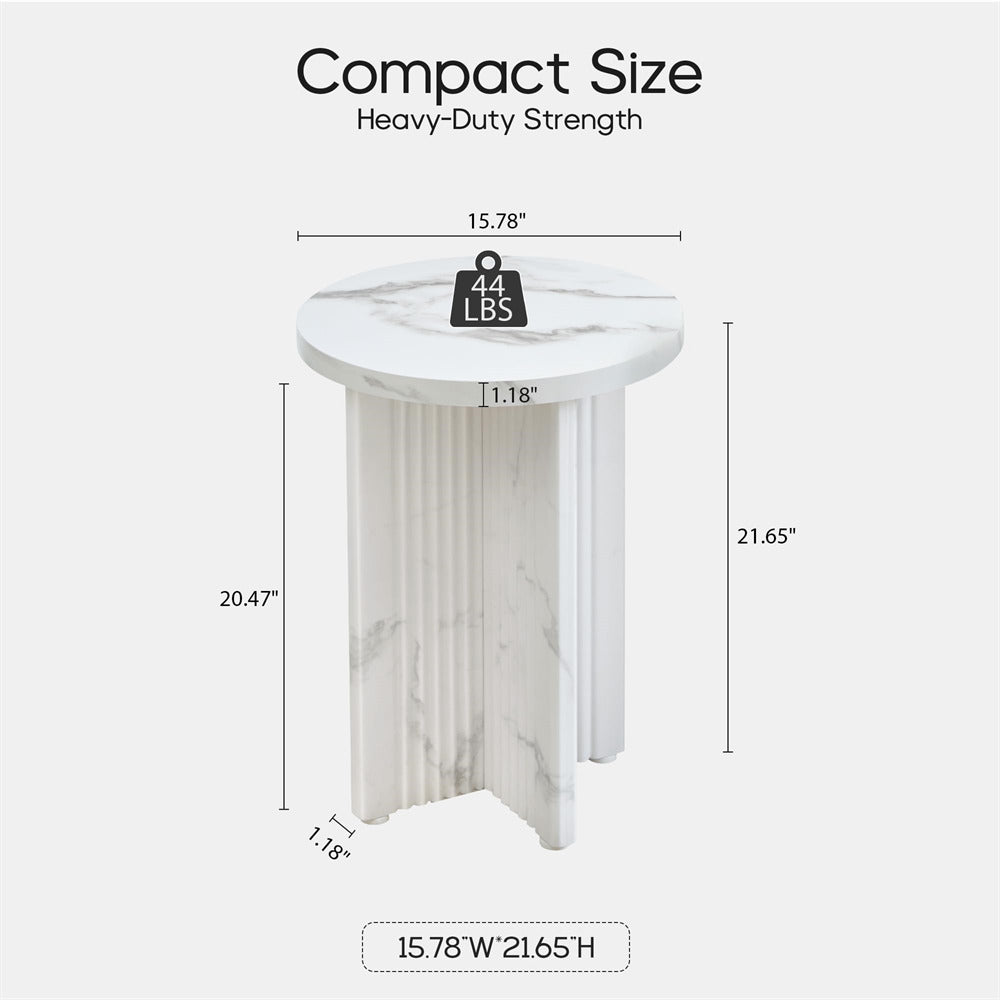 White marble side table with dimensions and weight label on a white background