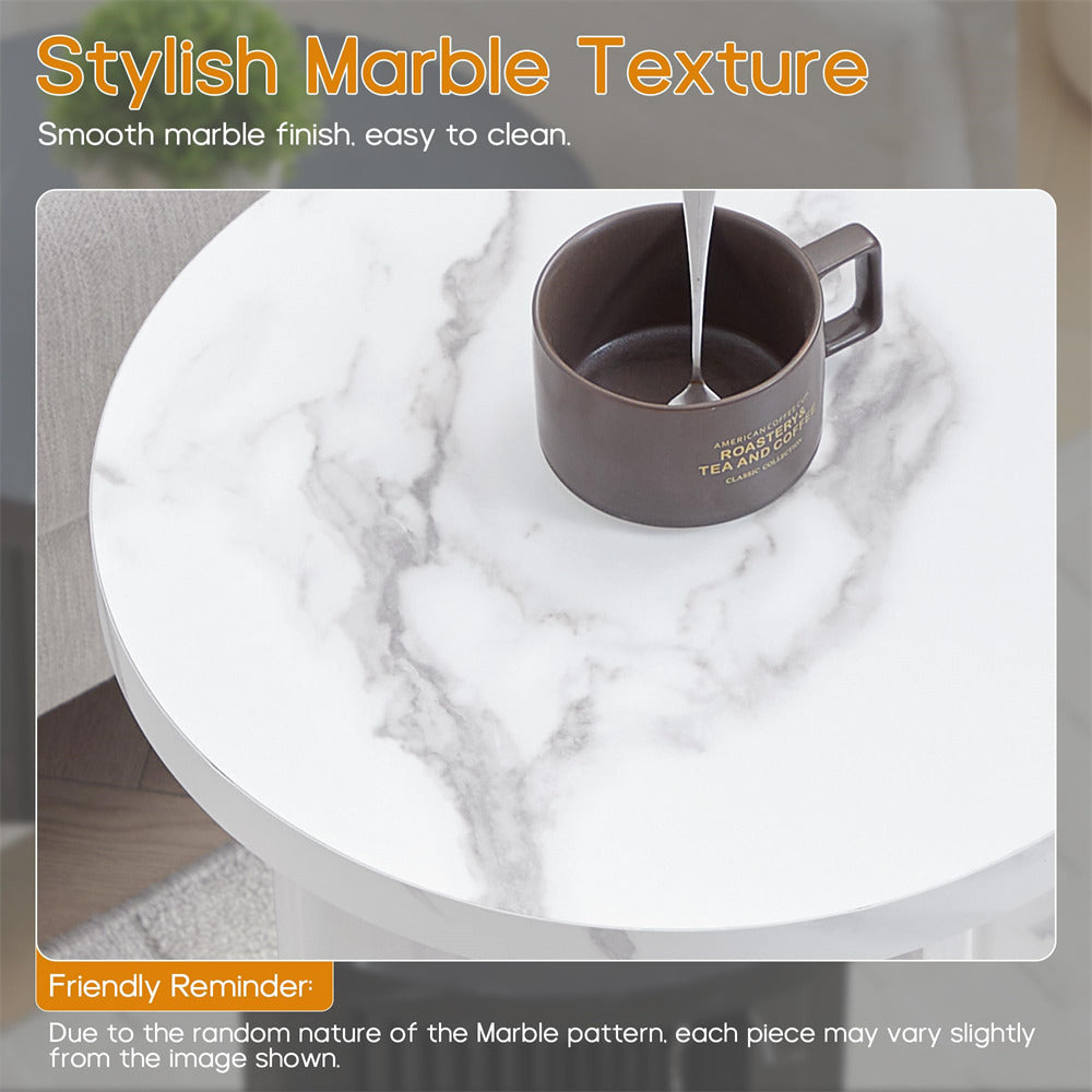 Brown mug on a marble-patterned surface with text about marble texture.