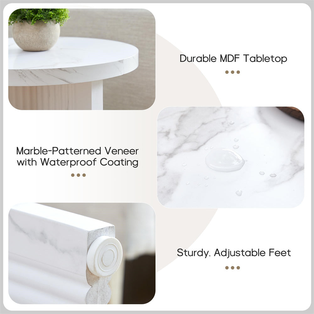 White round table with marble-patterned veneer and durable MDF tabletop, featuring text on product features.