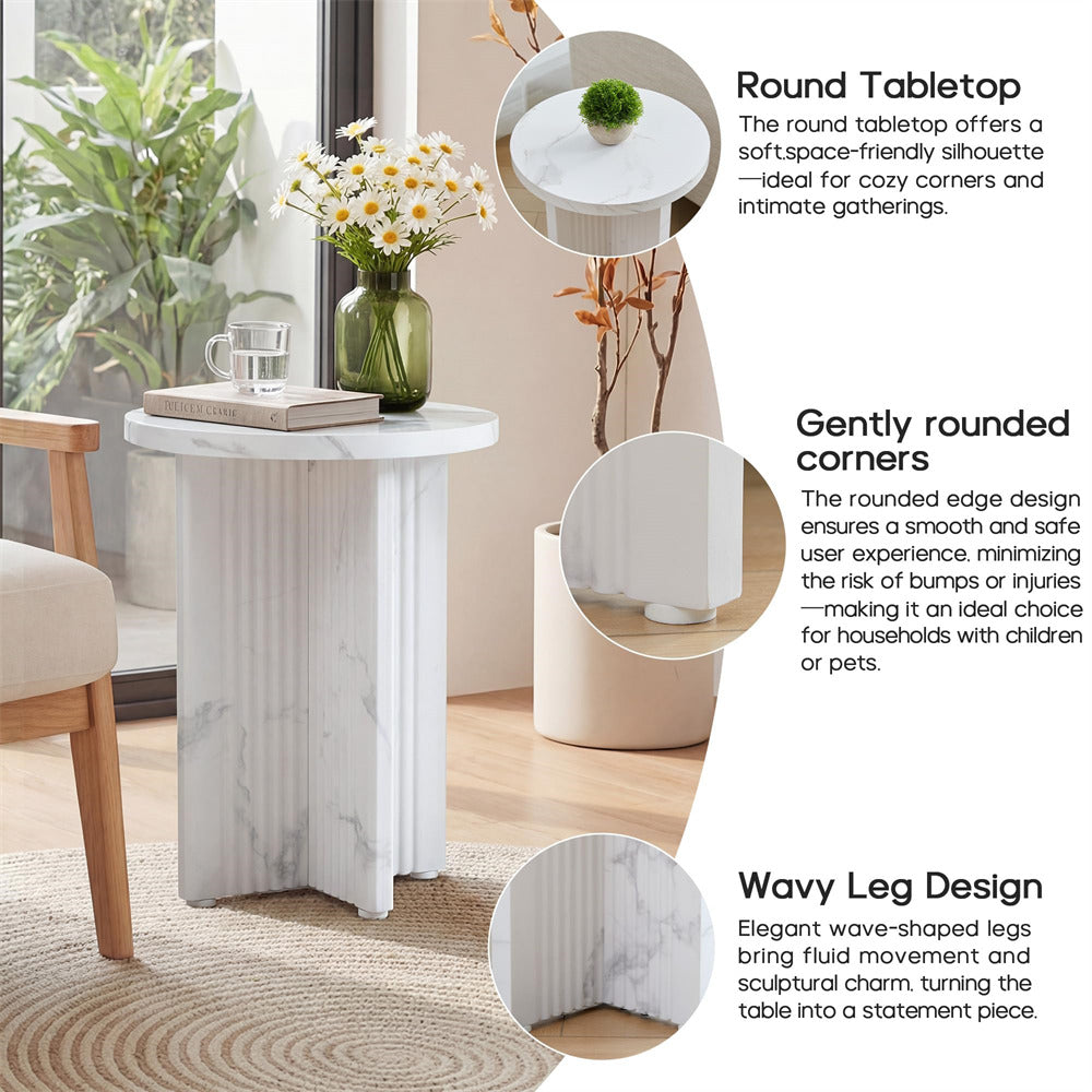 Round marble table with wavy leg design in a home setting, featuring text on its features.