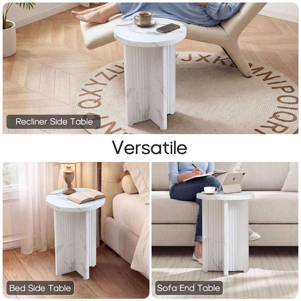 White recliner side table used in a living room setting with text indicating its versatility.