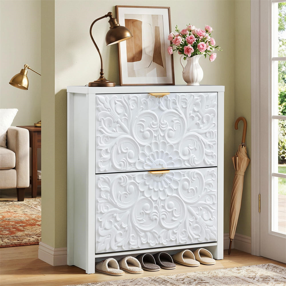 White shoe cabinet with decorative patterns in a living room setting.
