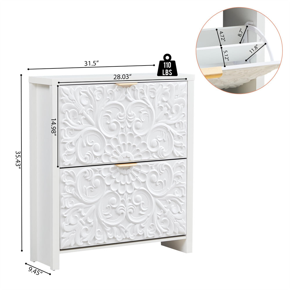 White dresser with embossed design, dimensions, weight capacity, and close-up of a drawer on a white background.