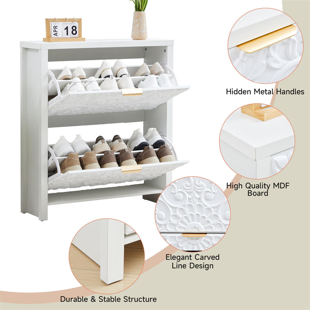 White shoe rack with multiple pairs of shoes on a light background, featuring close-up details of the product.