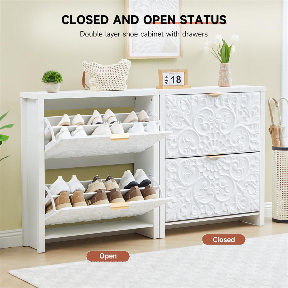 White double-layer shoe cabinet with drawers, showing both open and closed states.
