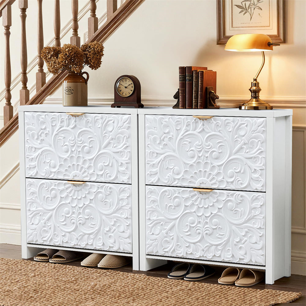 White dresser with decorative patterns in a room with a staircase and lamp.