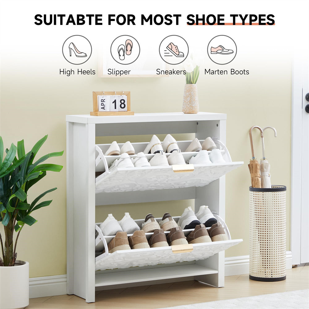 White shoe rack with various shoes on a light-colored floor and wall background