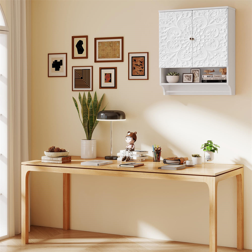White 24" Wall Mounted Bathroom Medicine Cabinet with Carved Floral Doors and Towel Bar