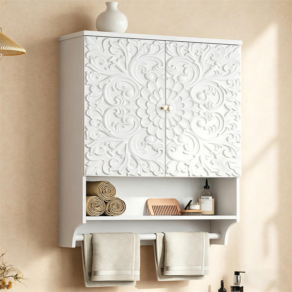 White wall-mounted cabinet with decorative patterns on a beige wall.