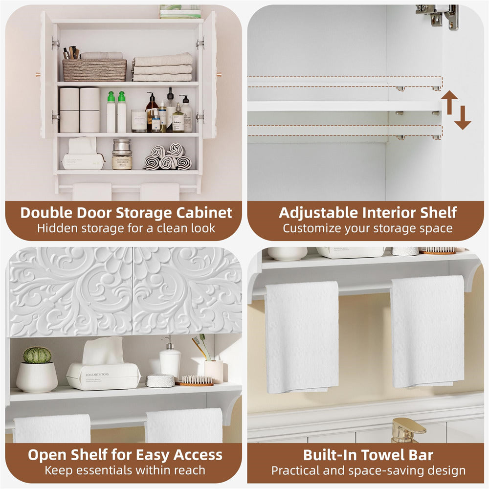 Collage of features of a double door storage cabinet with adjustable shelves, open shelf, and towel bar.