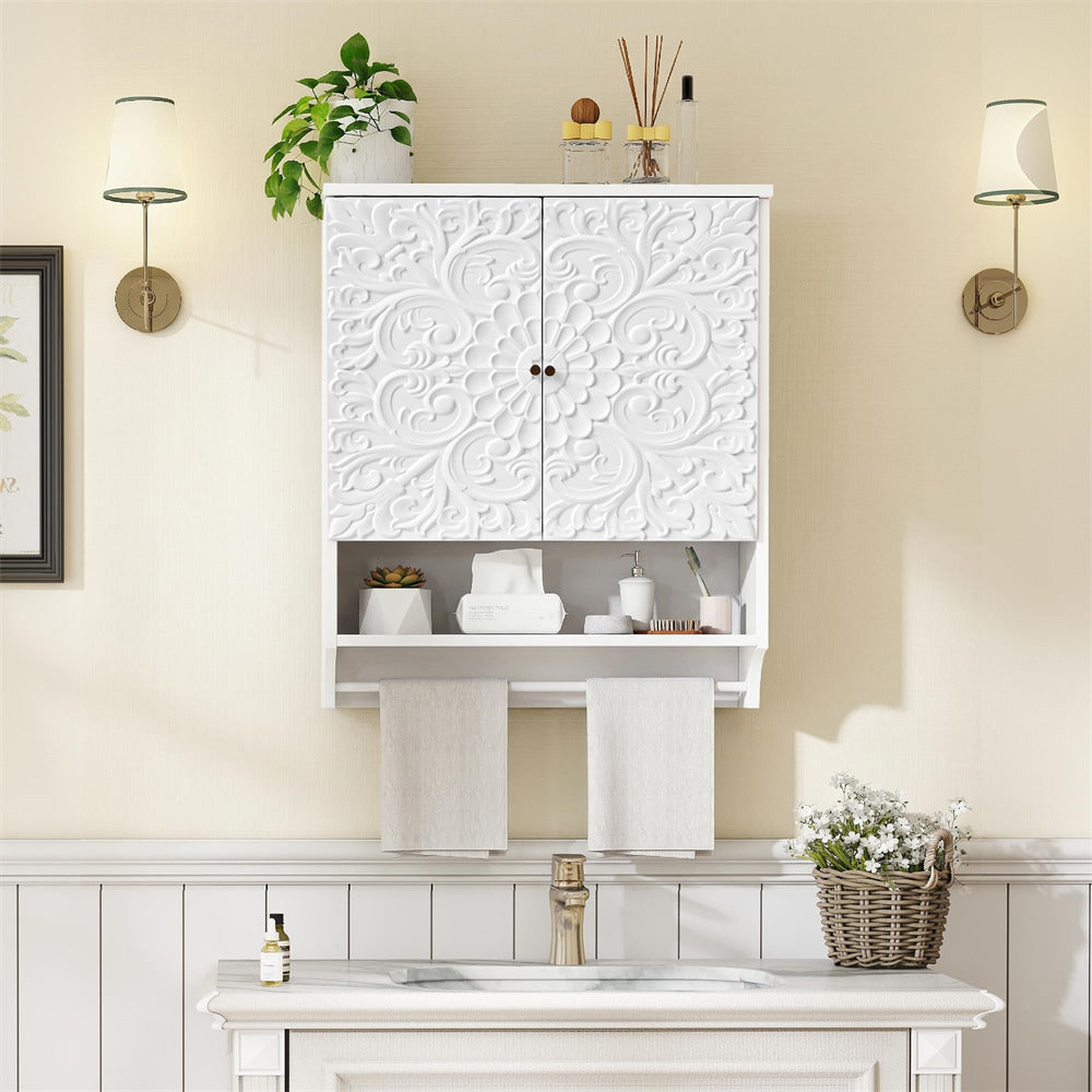 White 24" Wall Mounted Bathroom Medicine Cabinet with Carved Floral Doors and Towel Bar