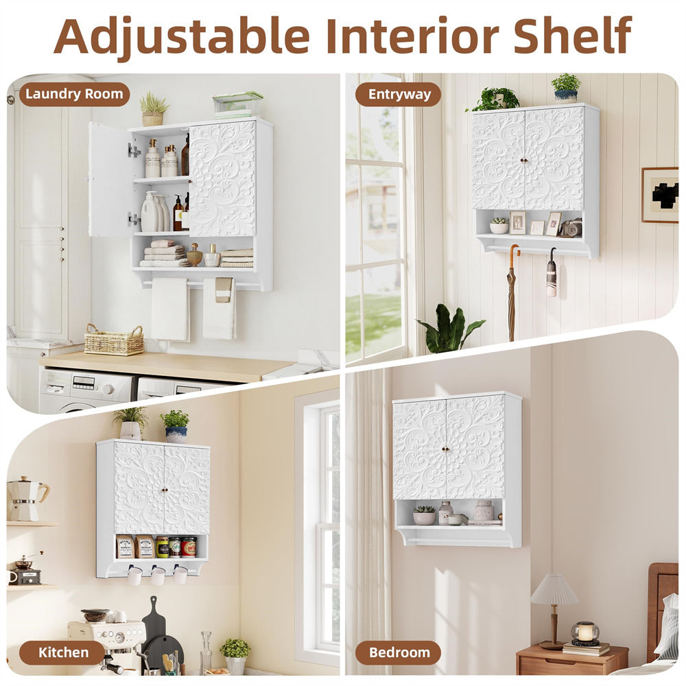 Collage of a white adjustable interior shelf in various rooms including laundry room, entryway, kitchen, and bedroom.