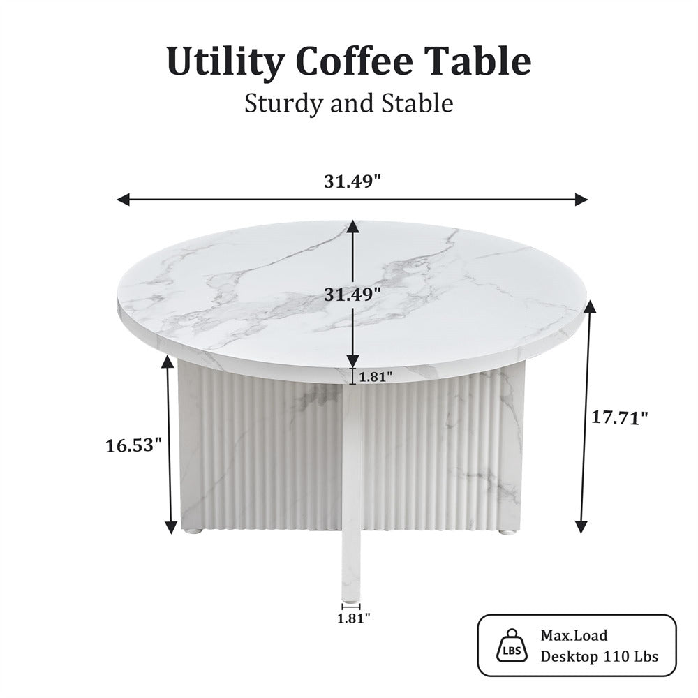Round coffee table with marble-like top and measurements on a white background