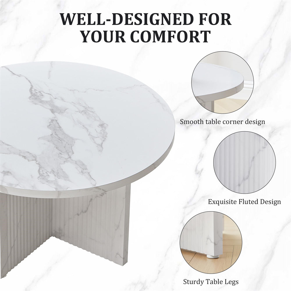 Round marble table with smooth corner design, fluted edges, and sturdy legs on a light background.