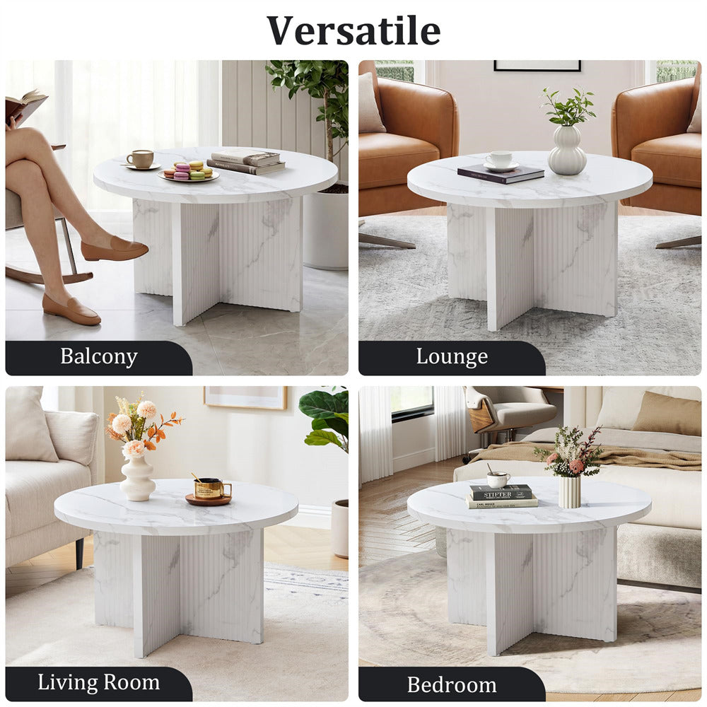 White marble coffee table shown in various room settings including balcony, lounge, living room, and bedroom.