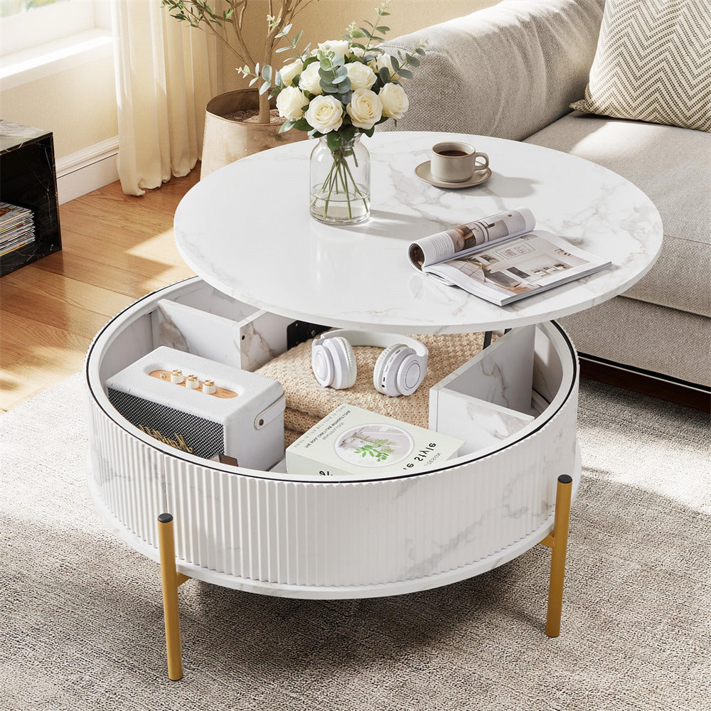 White 31.5" Round Marble-Look Fluted Lift Top Coffee Table with Hidden Compartment