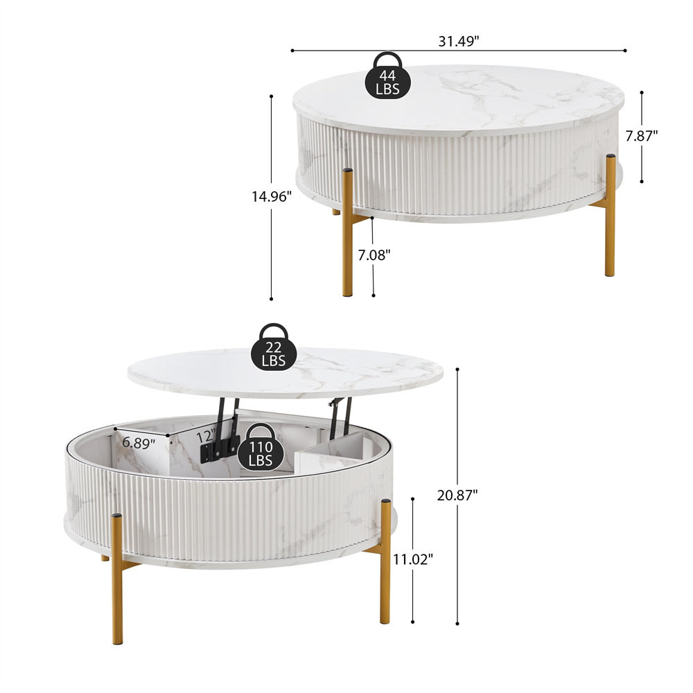 White 31.5" Round Marble-Look Fluted Lift Top Coffee Table with Hidden Compartment