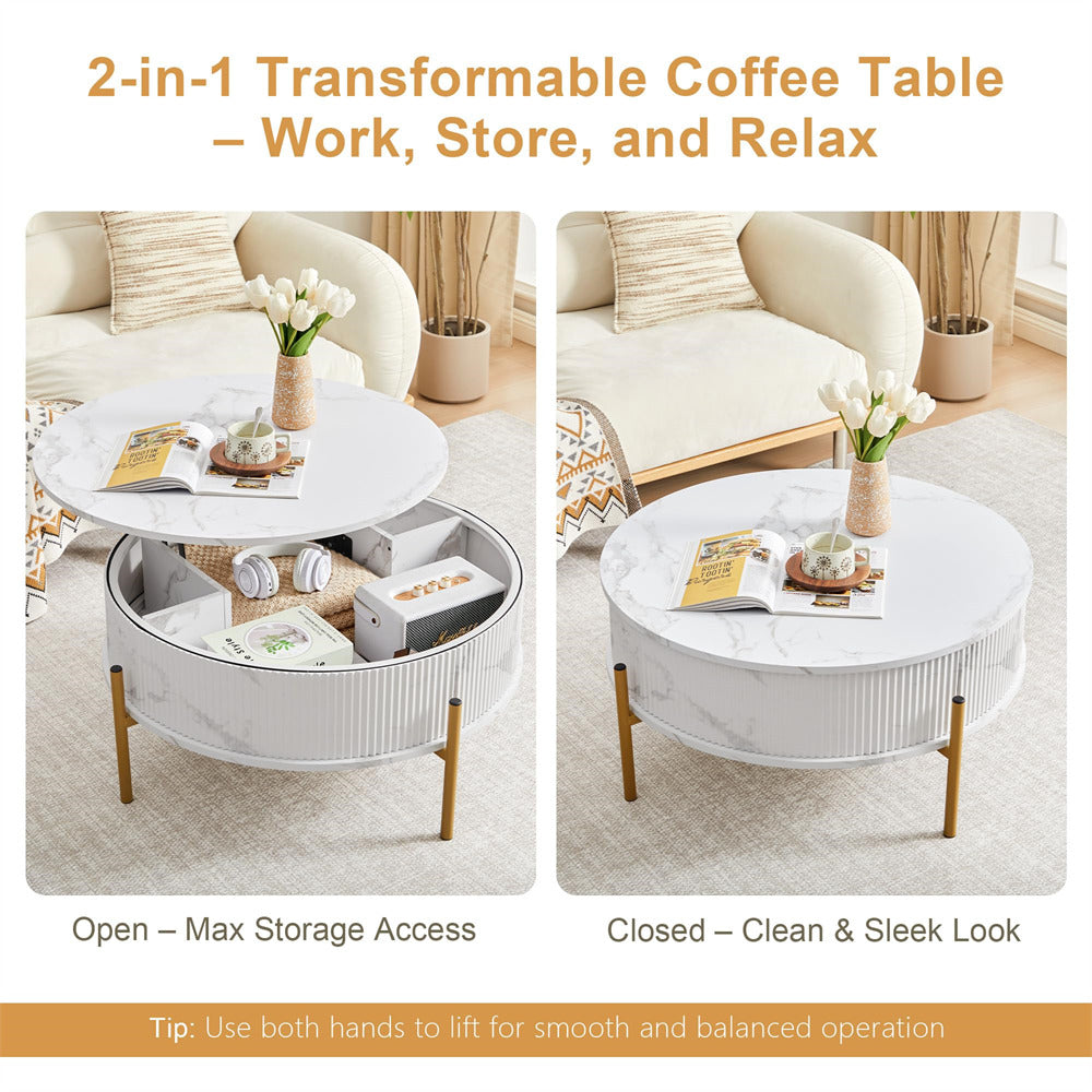 2-in-1 transformable coffee table with open and closed views in a living room setting.