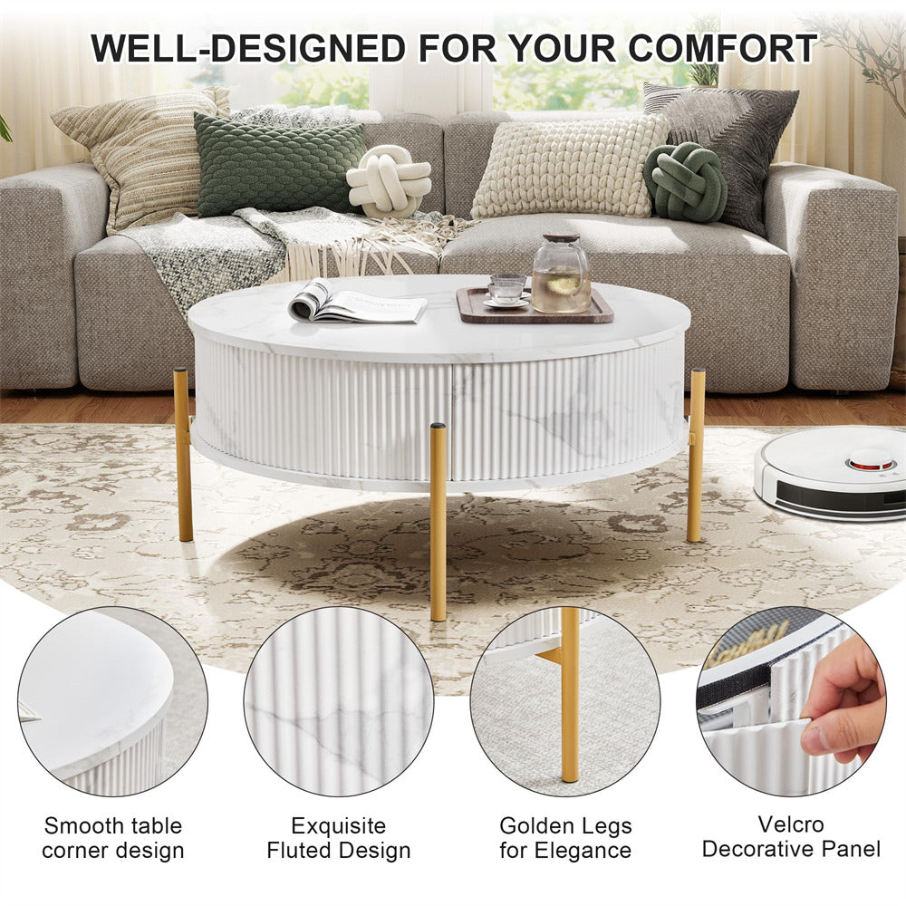 White 31.5" Round Marble-Look Fluted Lift Top Coffee Table with Hidden Compartment