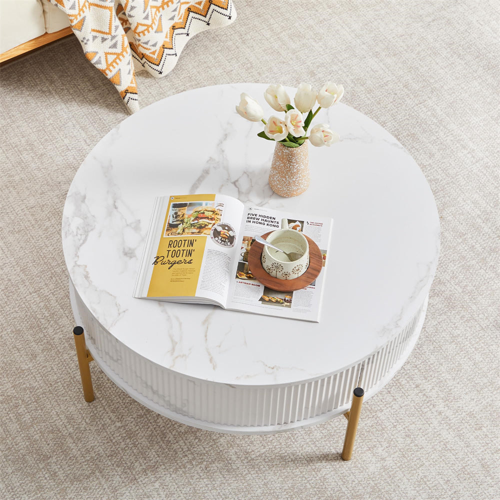 White 31.5" Round Marble-Look Fluted Lift Top Coffee Table with Hidden Compartment