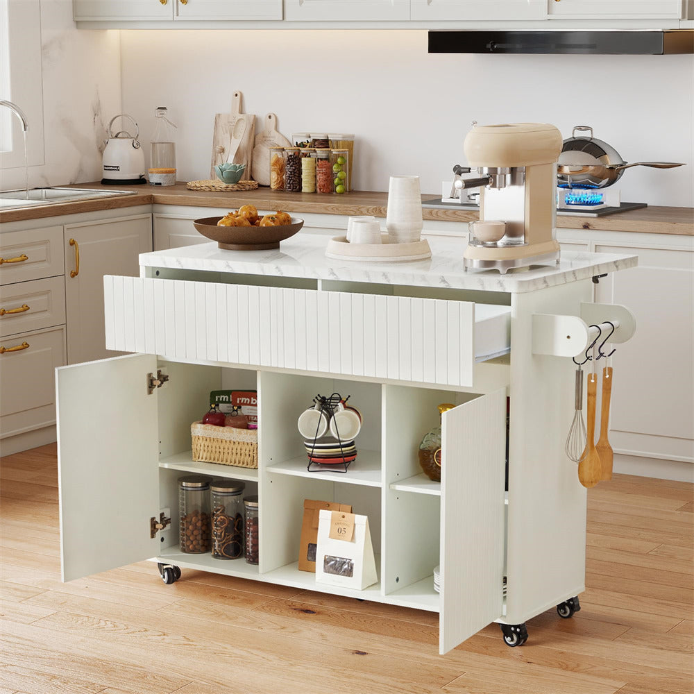 White kitchen island with storage shelves in a modern kitchen setting