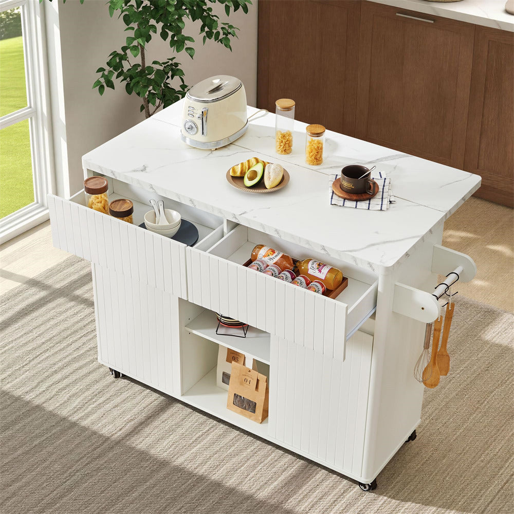 White kitchen island with storage drawers and a marble-like surface, set in a modern kitchen.