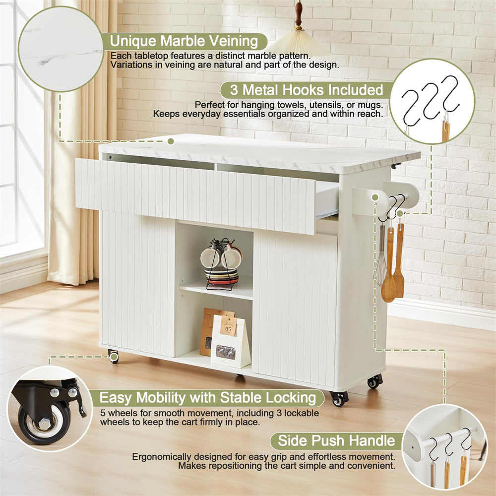 White kitchen island cart with marble-like finish, metal hooks, and wheels in a kitchen setting.