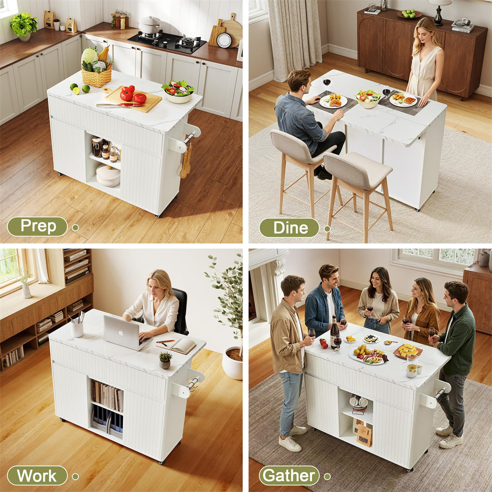 Multifunctional kitchen island transforming from prep area to dining table, then to a work station, and finally to a gathering space.