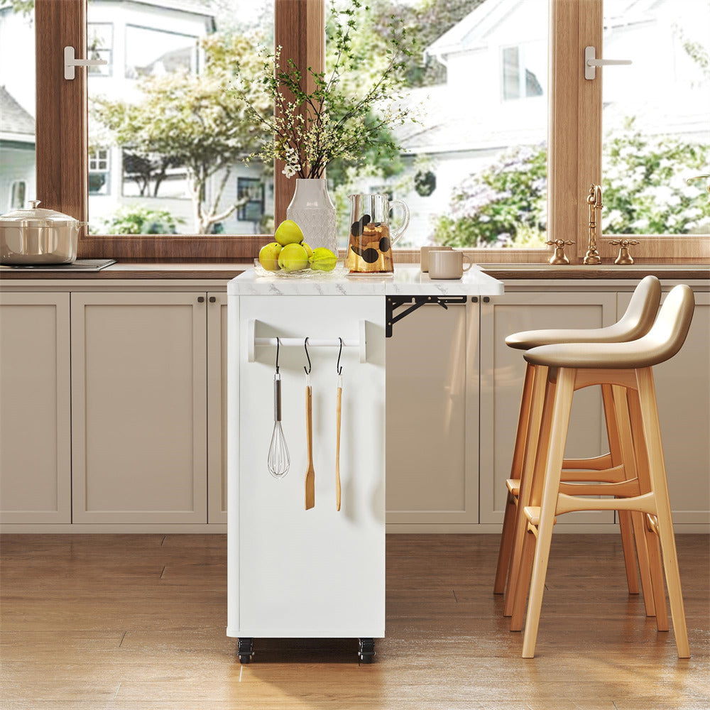 Kitchen island with stools and kitchen utensils in a bright kitchen setting