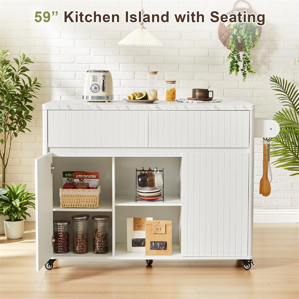 White kitchen island with seating in a modern kitchen setting