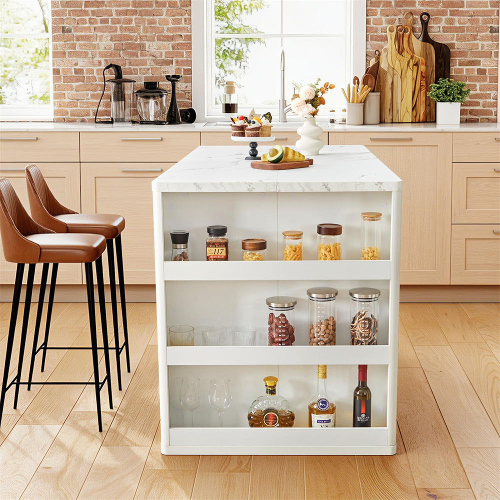 White 59" Modern Wood Kitchen Island with Storage & Faux Marble Top
