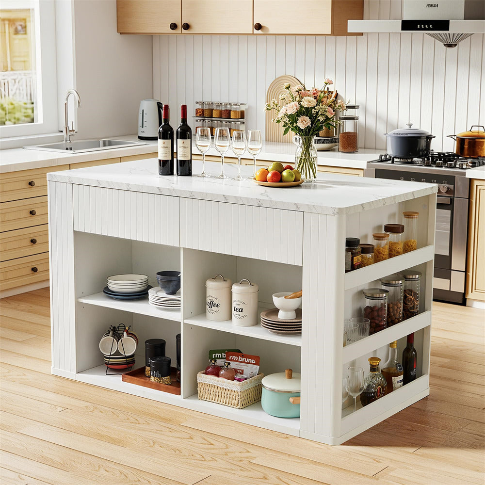 White 59" Modern Wood Kitchen Island with Storage & Faux Marble Top