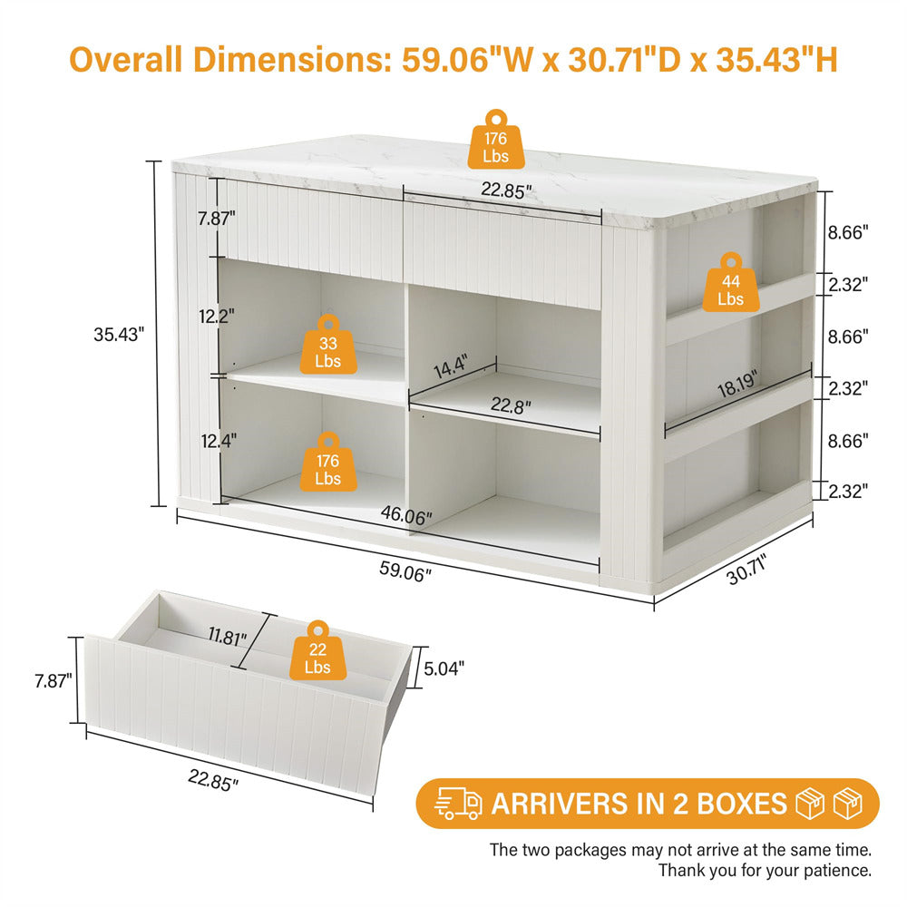 White shelving unit with dimensions and weight labels on a white background