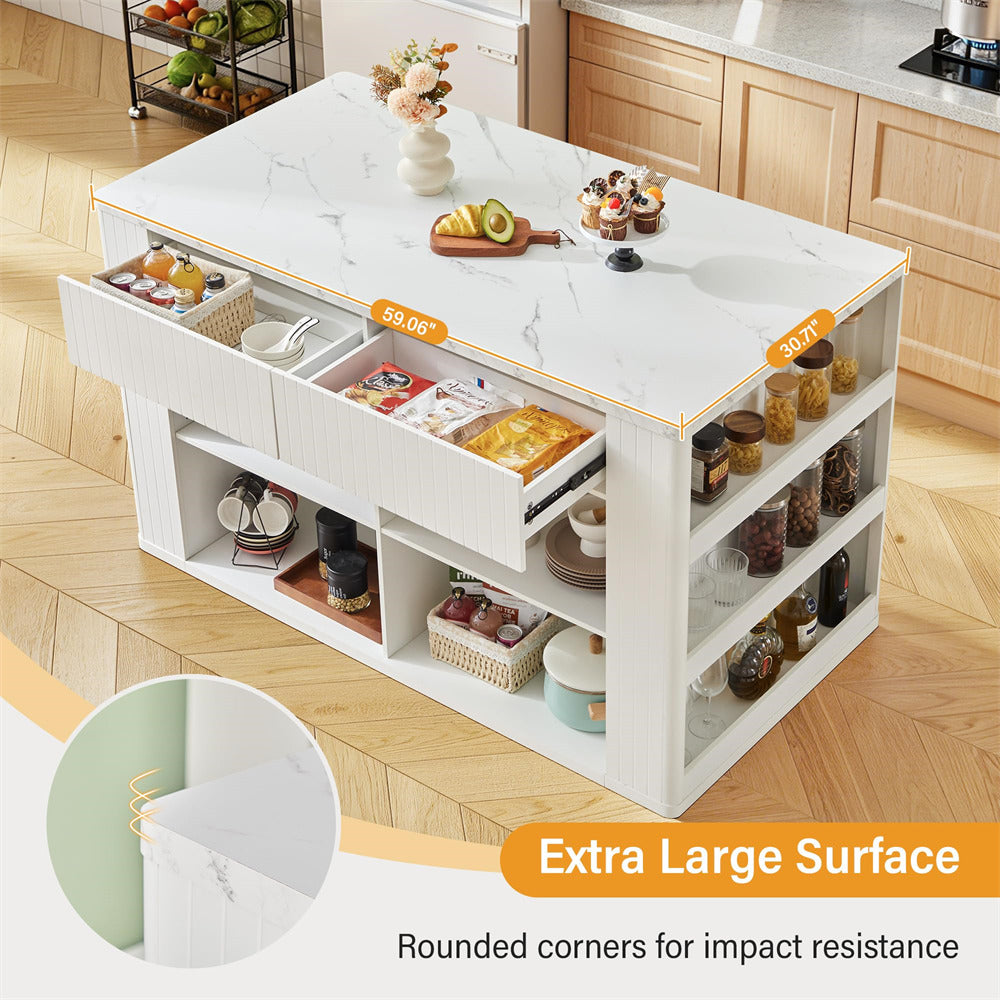 White kitchen island with storage shelves and food items in a kitchen setting.