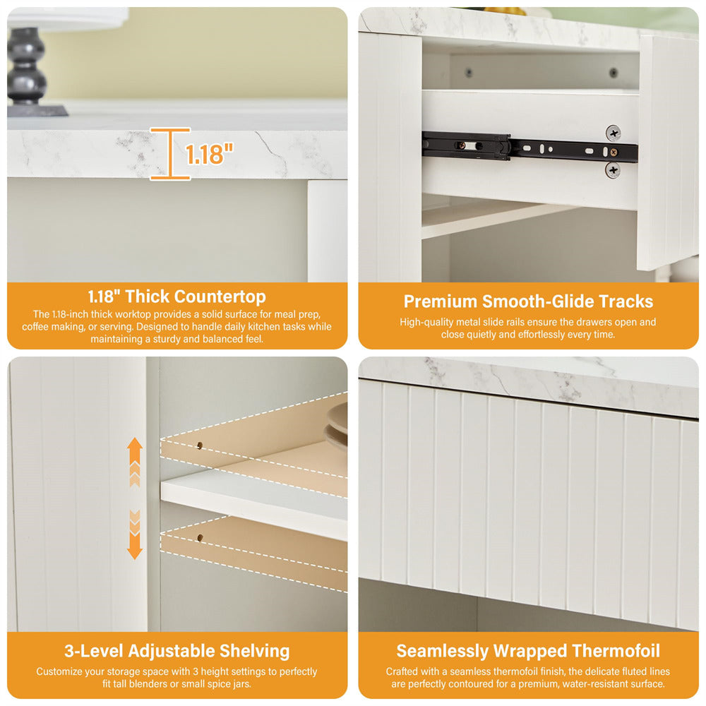 White 59" Modern Wood Kitchen Island with Storage & Faux Marble Top