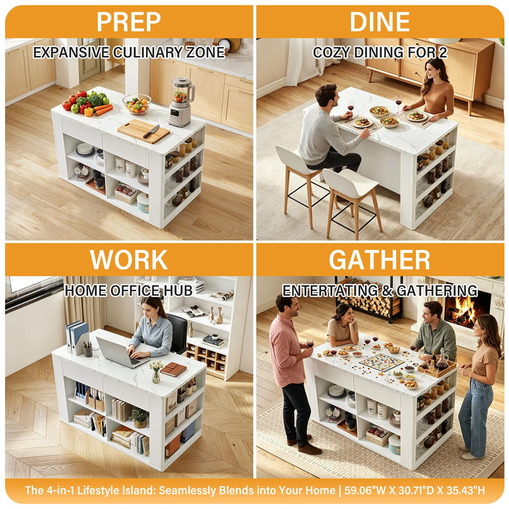 Multifunctional kitchen island in a home setting with prep, dine, work, and gather functions.
