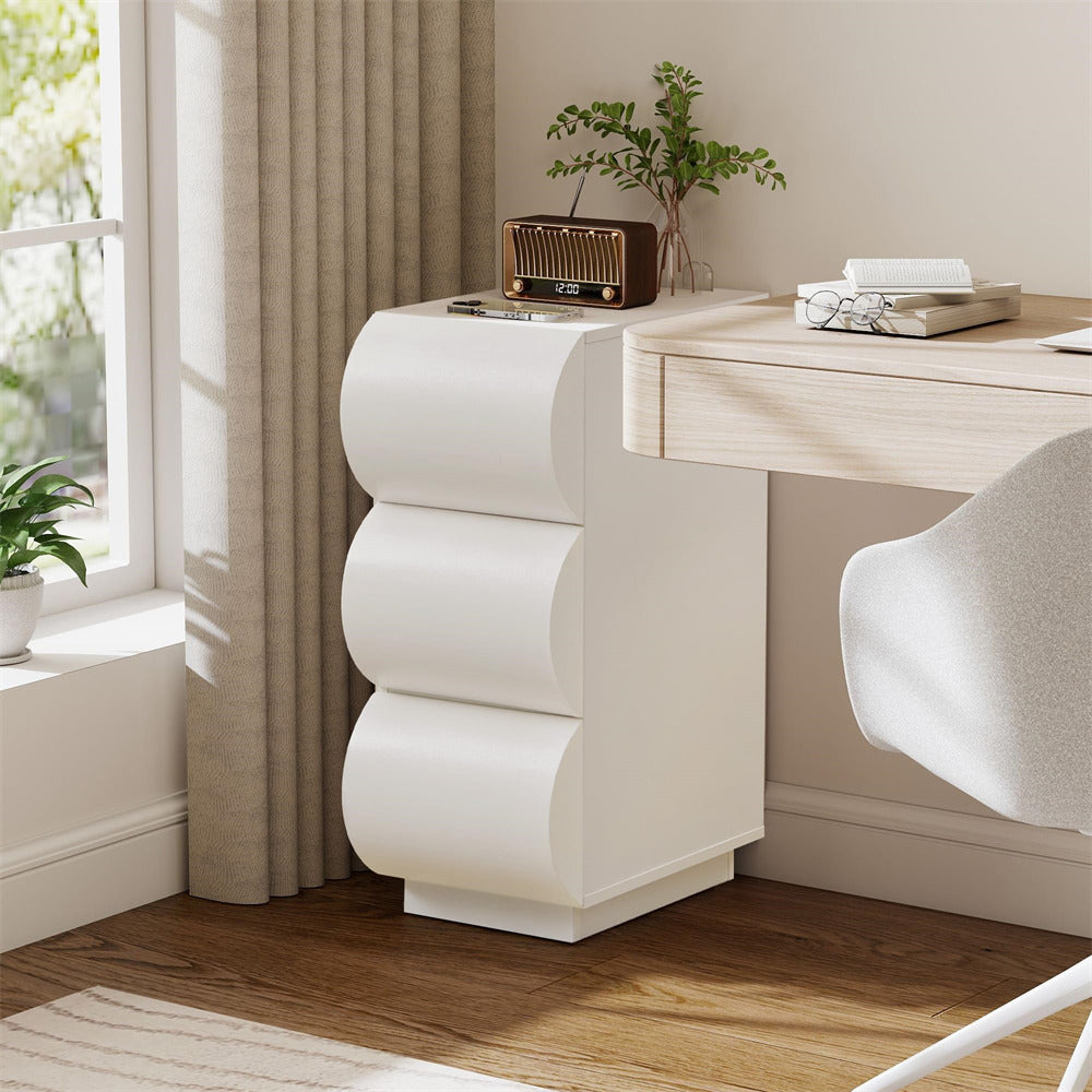 Modern home office with a white desk and decorative items.