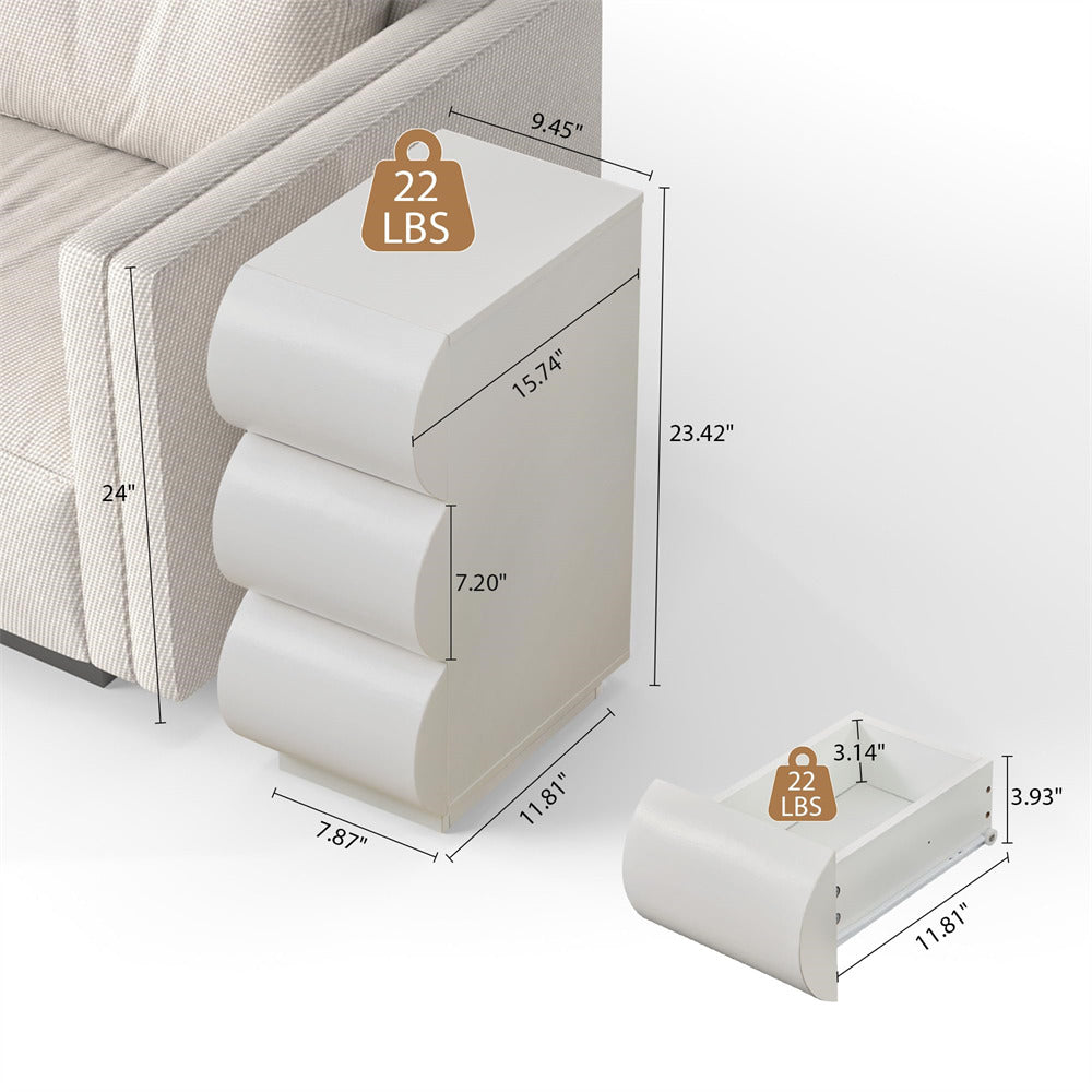 Dimensions and weight information of a white ottoman with a beige sofa in the background.